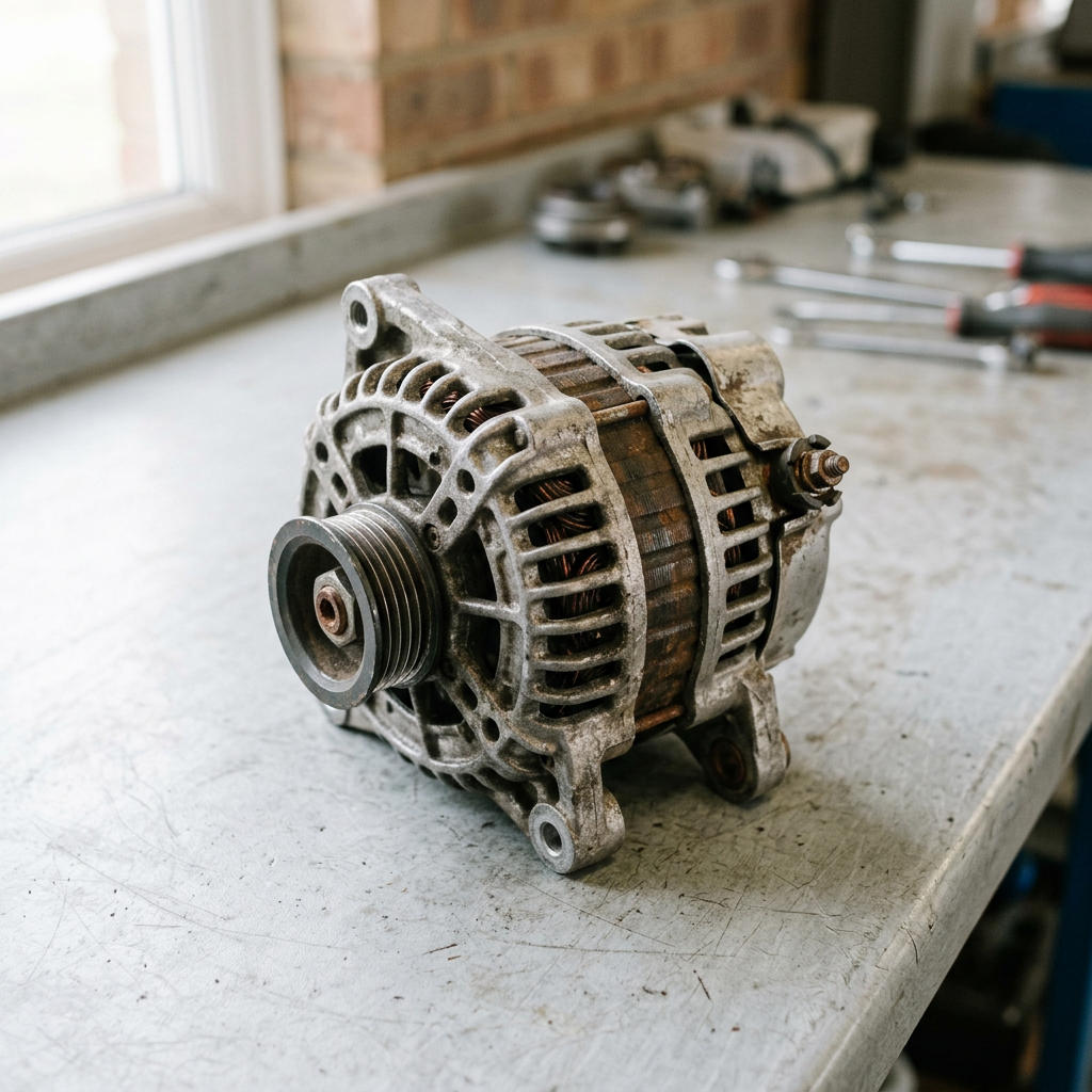 Used alternator core on a workshop bench